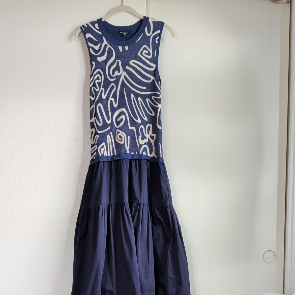 ABSTRACT PATTERN SLEEVELESS ROUND NECK KNIT TOP & TIRED SKIRT MIDI DRESS